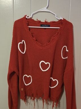 Simply Southern Red V-Neck Sweater with White Heart Appliqués